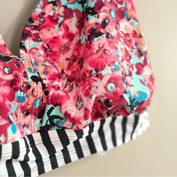 George Pink & Aqua Floral w Striped Band Plus Size Bikini Top - Picture 5 of 9